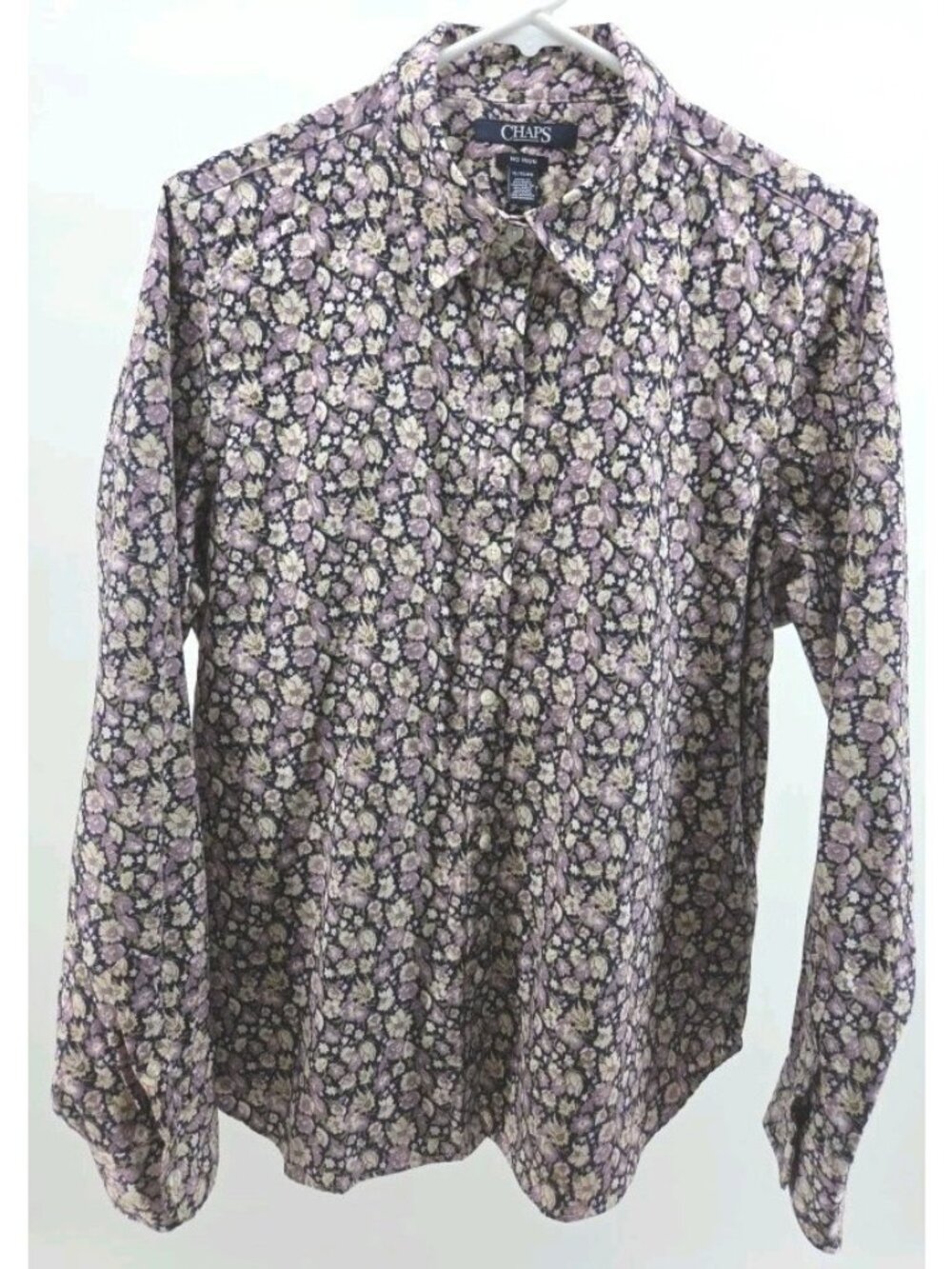 Chaps No Iron Button Up Long Sleeve Blouse Women's XL Floral Purple White Navy